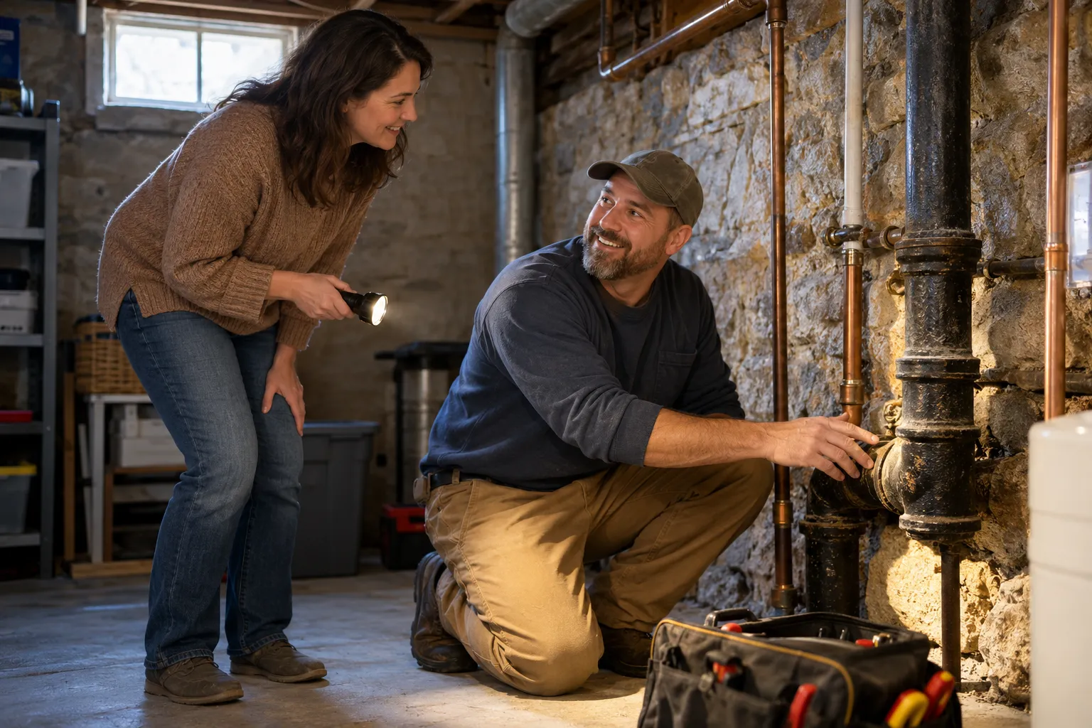 A homeowner in Greensburg talking with a plumbing provider in a basement